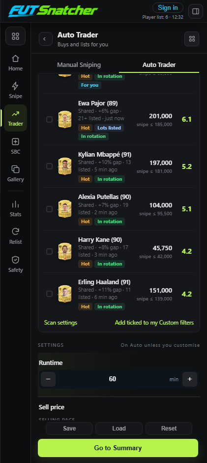 Live Filters in the FUT Snatcher panel