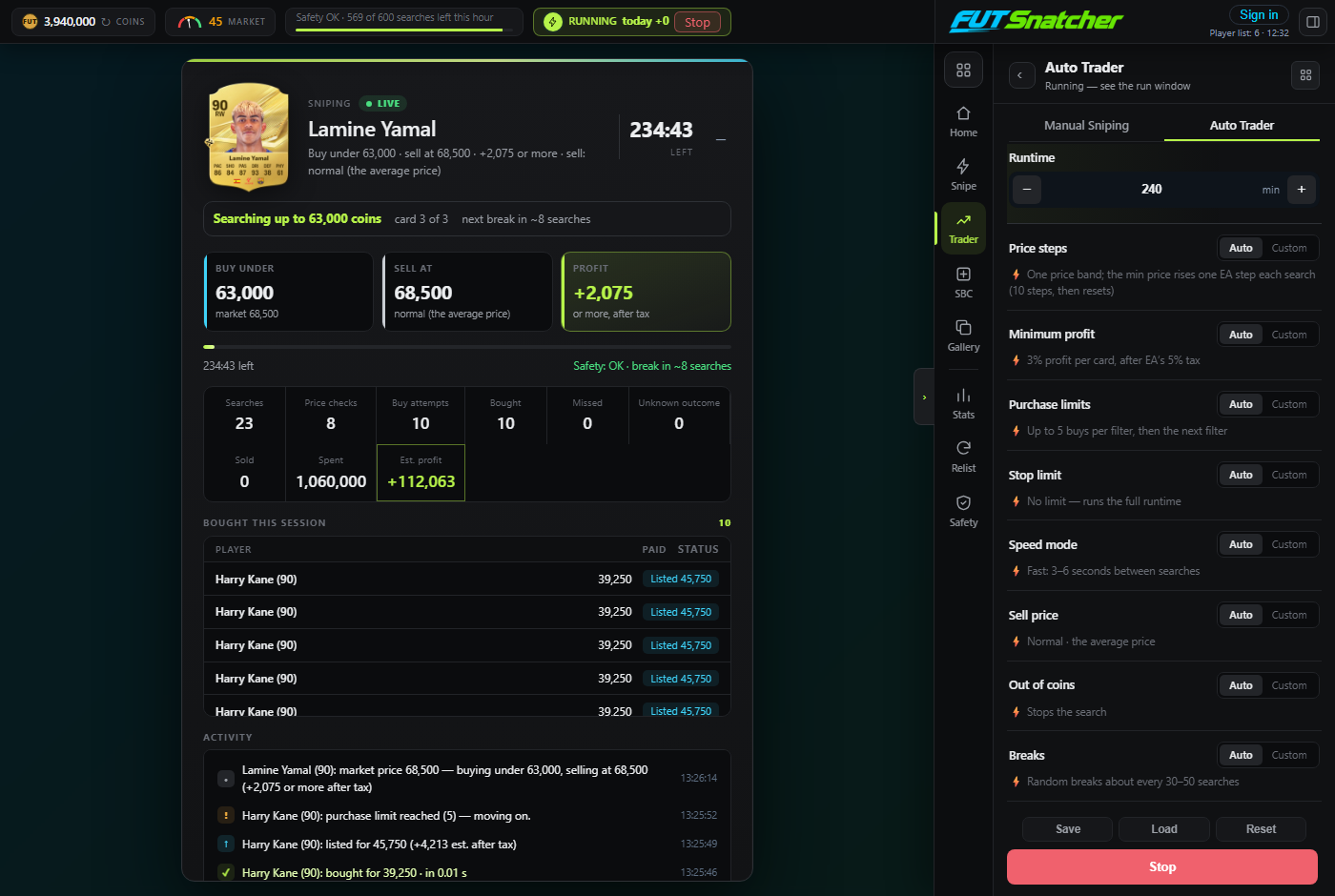 The FUT Snatcher run window during an Auto Trader run