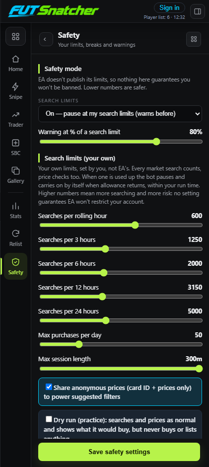 Safety settings with five search limits
