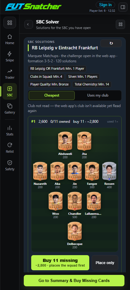 SBC solutions in the FUT Snatcher panel